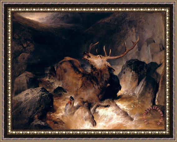 Edwin Landseer Deer And Deer Hounds in a Mountain Torrent Framed Print