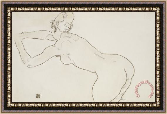 Egon Schiele Female Nude Kneeling and Bending Forward to the Left Framed Painting