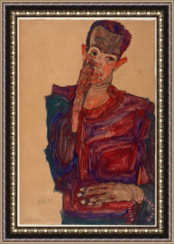 Egon Schiele Self Portrait with Eyelid Pulled Down, 1910 Framed Painting