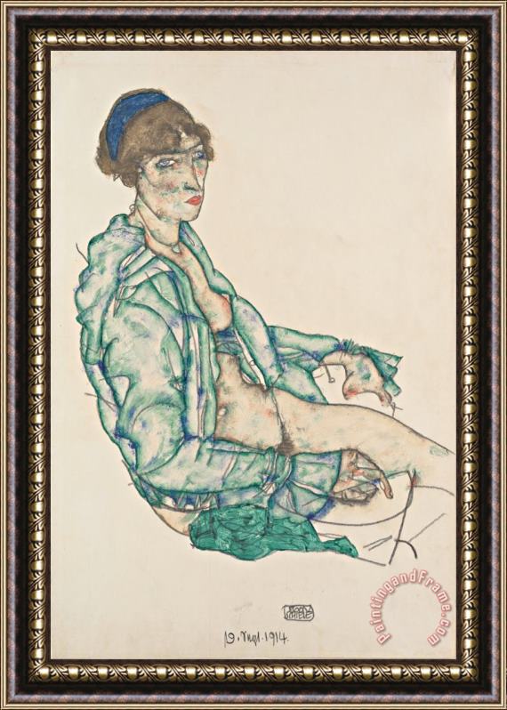 Egon Schiele Sitting Semi Nude with Blue Hairband Framed Painting