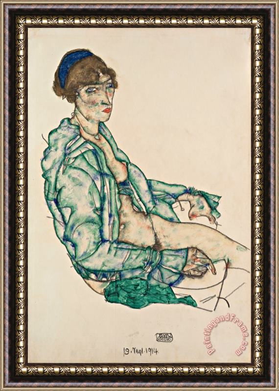 Egon Schiele Sitting Semi Nude with Blue Hairband Framed Painting