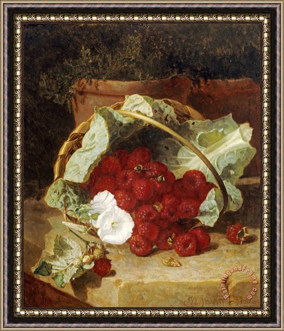 Eloise Harriet Stannard Raspberries in a Cabbage Leaf Lined Basket with White Convulus on a Stone Ledge 1880 Framed Painting