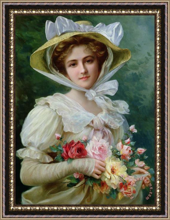Emile Vernon Elegant lady with a bouquet of roses Framed Painting