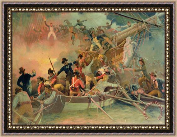 English School The English navy conquering a French ship near the Cape Camaro Framed Painting