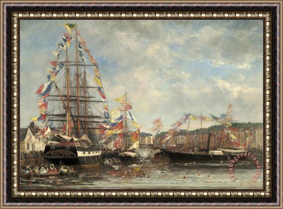 Eugene Boudin Festival in The Harbor of Honfleur Framed Painting