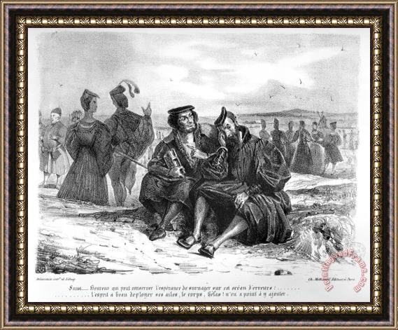 Eugene Delacroix Faust And Wagner in Conversation, Illustration for Faust by Goethe (b/w Photo of Lithograph) Framed Print