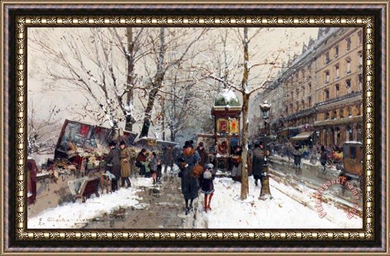 Eugene Galien-Laloue Bookstalls In Winter Paris Framed Painting