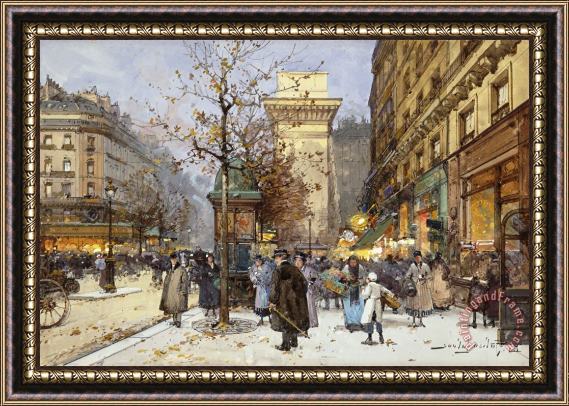 Eugene Galien-Laloue Figures On Le Boulevard St. Denis At Twilight Framed Painting