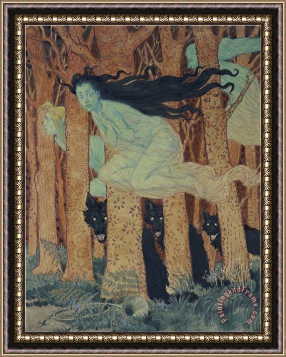 Eugene Grasset Three Women And Three Wolves Framed Painting