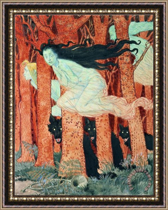 Eugene Grasset Three Women And Three Wolves W C Framed Painting