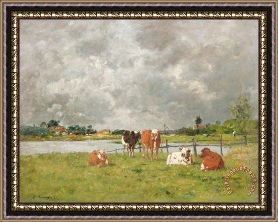 Eugene Louis Boudin Cows in a Field under a Stormy Sky Framed Print