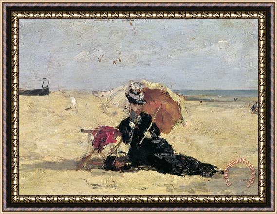 Eugene Louis Boudin Woman with a Parasol on the Beach Framed Painting