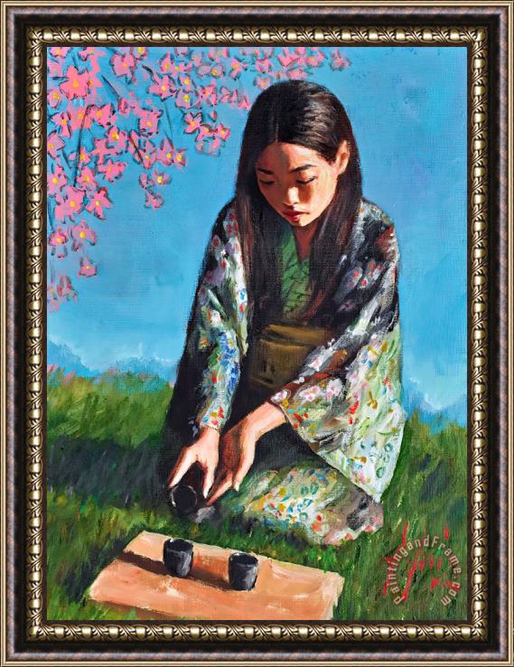 Fabian Perez Geisha with Pink Flowers Framed Painting