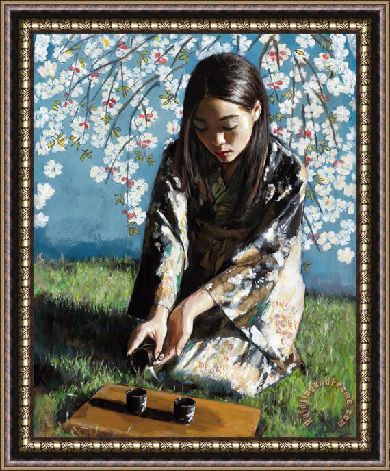 Fabian Perez Geisha with White Flowers, 2021 Framed Painting