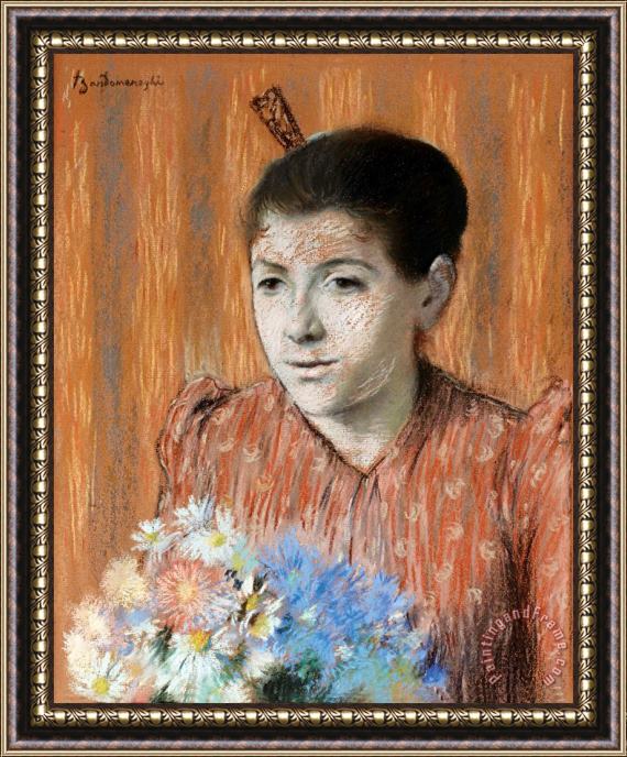 Federico Zandomeneghi Young Woman with a Bouquet of Flowers Framed Painting