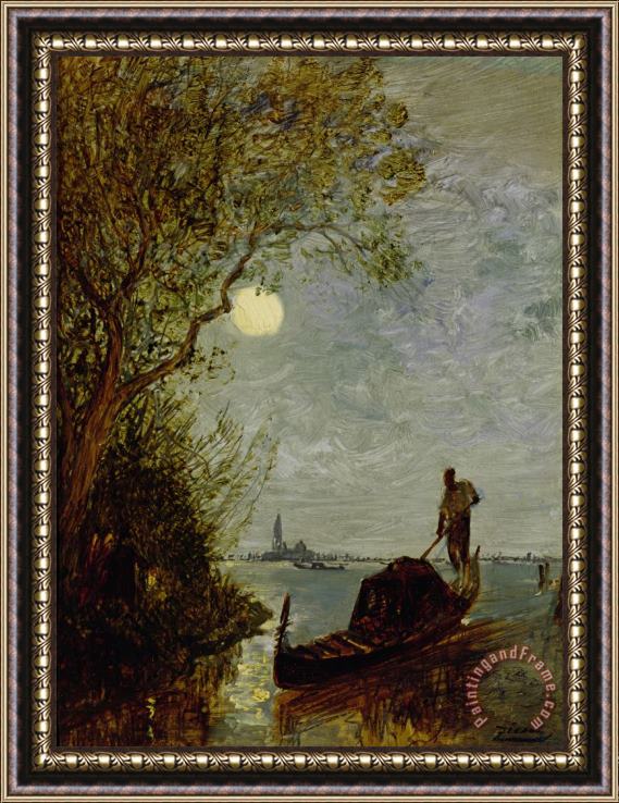 Felix Ziem Moonlit Scene with Gondola Framed Painting