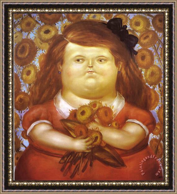 fernando botero Woman with Flowers Framed Painting