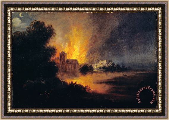 Flemish or Dutch A Village on Fire Framed Painting
