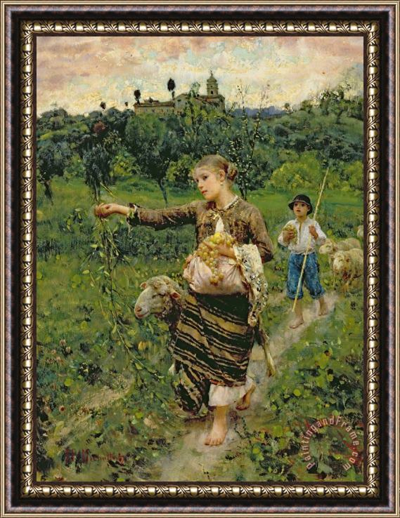 Francesco Paolo Michetti Shepherdess carrying a bunch of grapes Framed Print