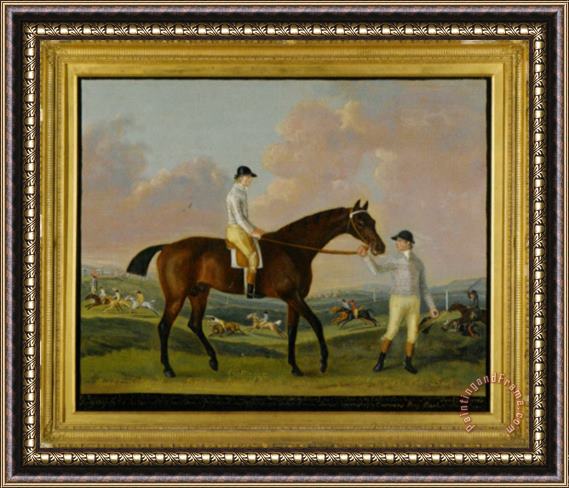Francis Sartorius Portrait of Henry Comptons Race Horse Cottager Held by a Groom with Jockey And a Race Beyond Framed Print