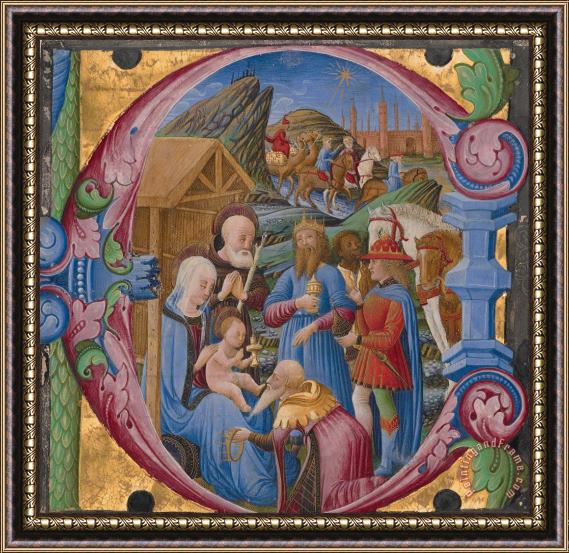 Franco Dei Russi Initial E Adoration of The Magi Framed Painting