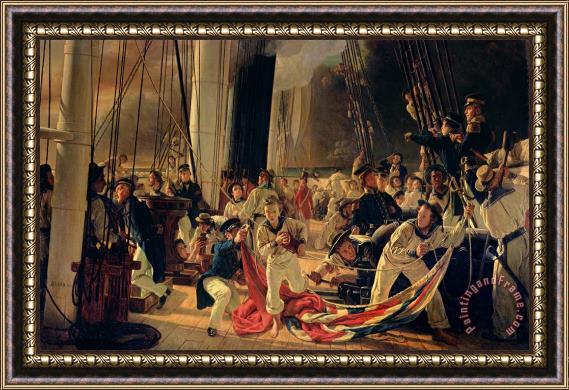 Francois Auguste Biard On the deck during a sea battle Framed Print