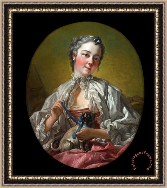 Francois Boucher A Young Lady Holding a Pug Dog Framed Painting