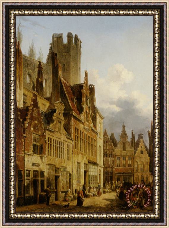 Francois-jean-louis Boulanger A Busy Market Scene in The Streets of Ghent Framed Painting