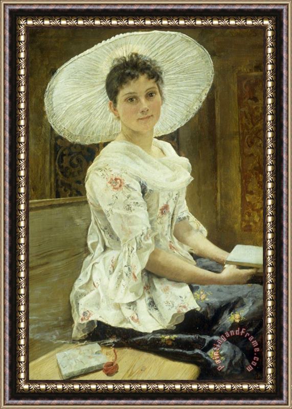 Franz Xaver Simm A Young Beauty in a White Hat Framed Print