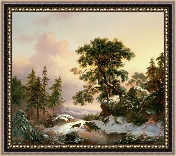 Frederick Marianus Kruseman Wolves in a Winter Landscape Framed Painting