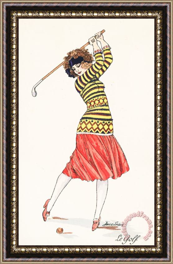 French School A Woman In Full Swing Playing Golf Framed Painting
