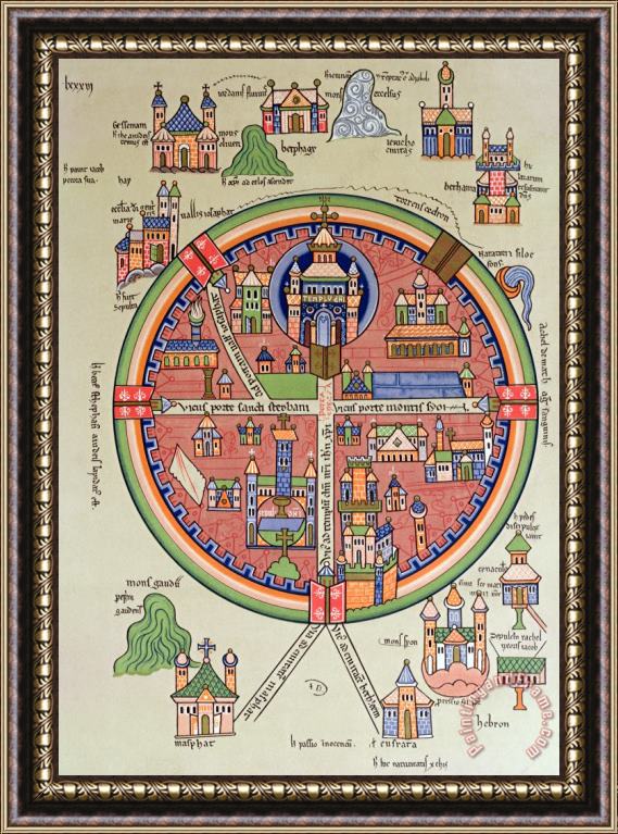 French School Ancient Map of Jerusalem and Palestine Framed Painting