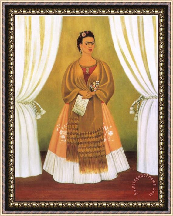 Frida Kahlo Self Portrait Dedicated Tomleon Trotsky Between The Curtains 1937 Framed Painting