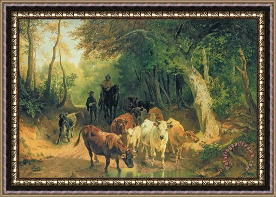 Friedrich Johann Voltz Cattle Watering In A Wooded Landscape Framed Painting