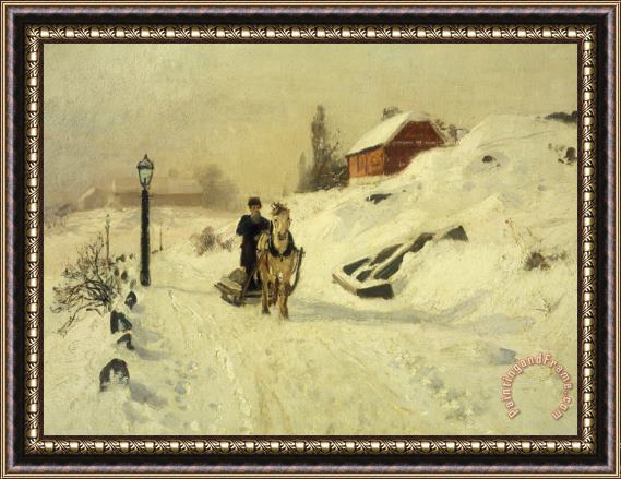 Fritz Thaulow A Horse Drawn Sleigh In A Winter Landscape Framed Painting