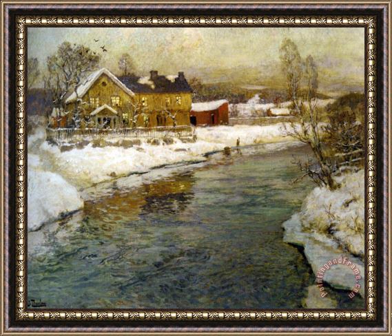 Fritz Thaulow Cottage by a Canal in The Snow Framed Print