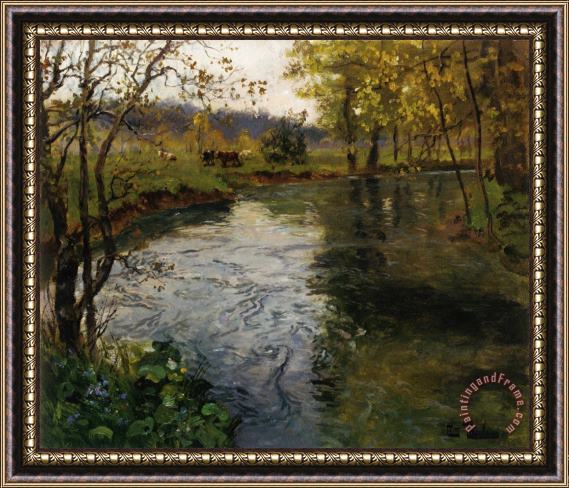 Fritz Thaulow Landscape with Cows by a Stream Framed Painting
