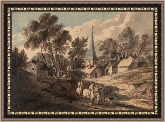 Gainsborough, Thomas Travellers on Horseback Approaching a Village with a Spire Framed Painting