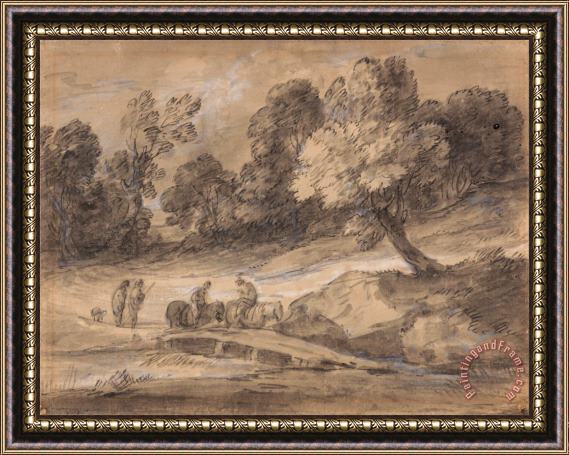Gainsborough, Thomas Wooded Landscape with Figures on Horseback Crossing a Bridge Framed Painting