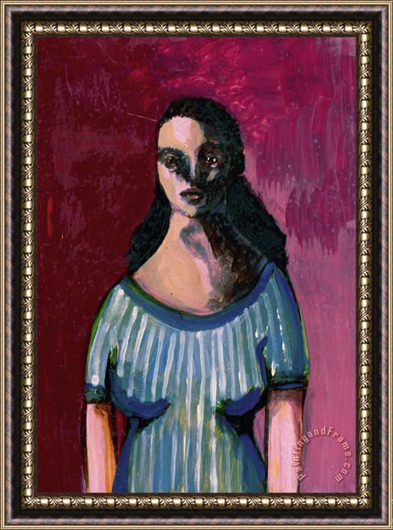 George Condo Girl on Crimson Background Framed Painting