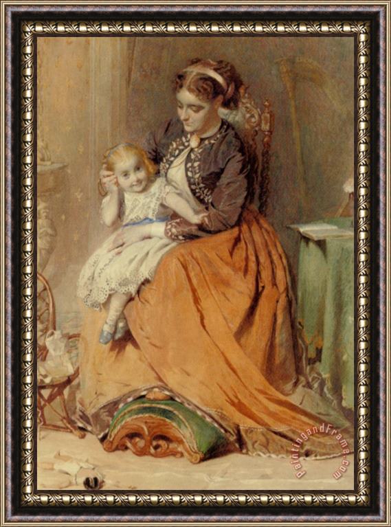 George Elgar Hicks A Girl Listening to The Ticking of a Pocket Watch While Sitting on Her Mothers Lap Framed Print