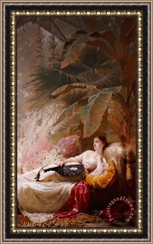 George Elgar Hicks Portrait Of Adelaide Maria Guiness Reclining On A Sofa In A Conservatory Framed Painting