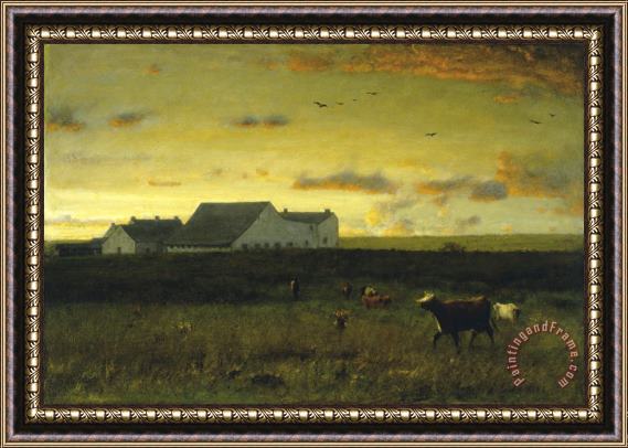 George Inness Farm Landscape, Cattle in Pasture Sunset Nantucket Framed Painting