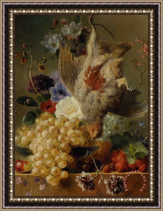 George Jacobus Johannes Van Os Grapes Strawberries Chestnuts an Apple And Spring Flowers Framed Print