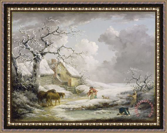 George Morland Winter Landscape with Men Snowballing an Old Woman Framed Painting