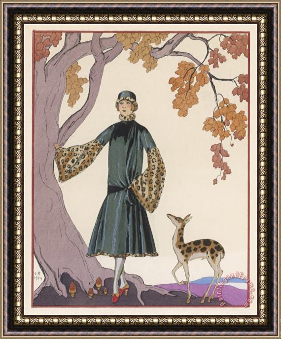 Georges Barbier Fur Hat And Coat by Worth Framed Painting