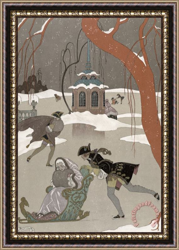 Georges Barbier Ice Skating On The Frozen Lake Framed Painting