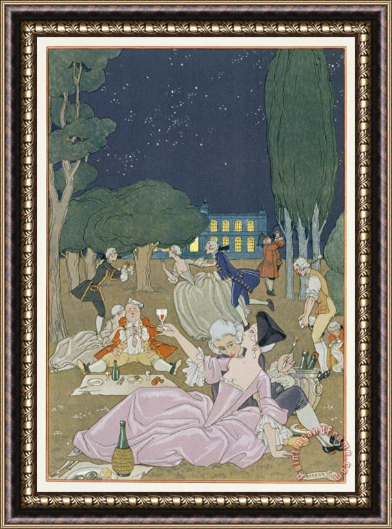Georges Barbier On The Lawn Illustration for Fetes Galantes by Paul Verlaine 1844 96 1923 Pochoir Print Framed Painting