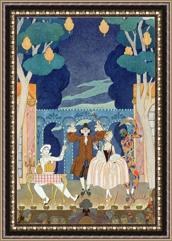 Georges Barbier Pantomime Stage Illustration for Fetes Galantes by Paul Verlaine 1924 Framed Painting