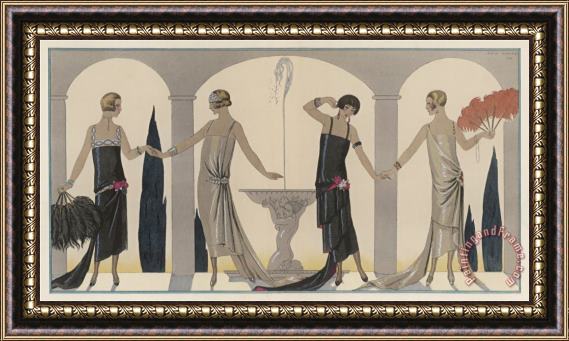 Georges Barbier Sensually Draped Dresses with Narrow Beaded Straps Square Necklines And Detailing Over One Hip Framed Painting